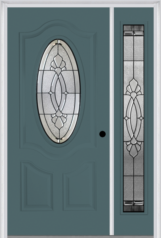 MMI SMALL OVAL 2 PANEL DELUXE 3'0" X 6'8" FIBERGLASS SMOOTH BELAIRE PATINA EXTERIOR PREHUNG DOOR WITH 1 FULL LITE BELAIRE PATINA DECORATIVE GLASS SIDELIGHT 749